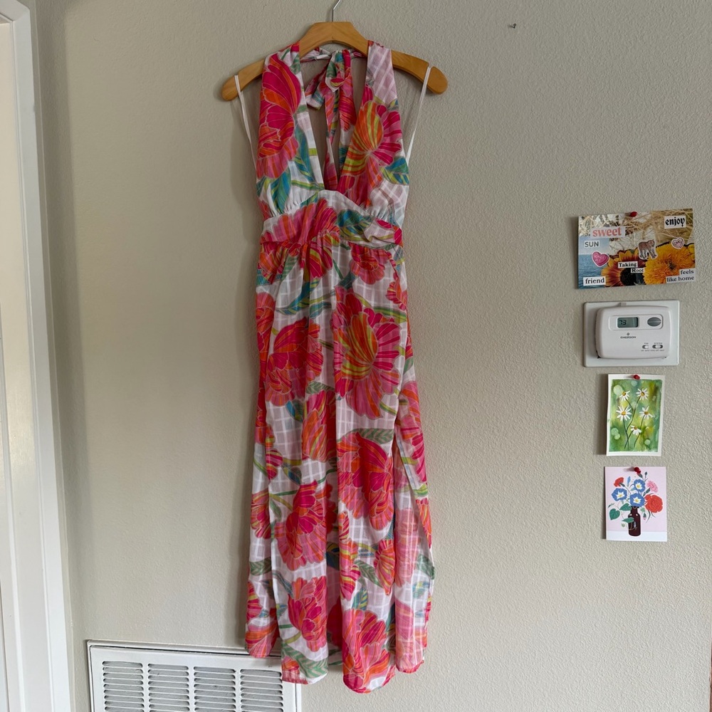 Trina Turk Poppy Floral Halter Cover Up Dress Pink White Size Small - Picture 5 of 9